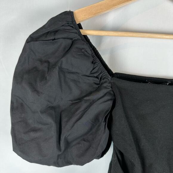 NWT Zara Black Square Neck Puff Sleeve Crop Top Womens Size S Stretchy - Picture 3 of 9